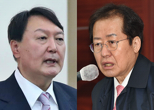 국민의힘 대선 경선 후보인 윤석열(왼쪽) 전 검찰총장과 홍준표(오른쪽) 의원.연합뉴스 사진 갈무리
